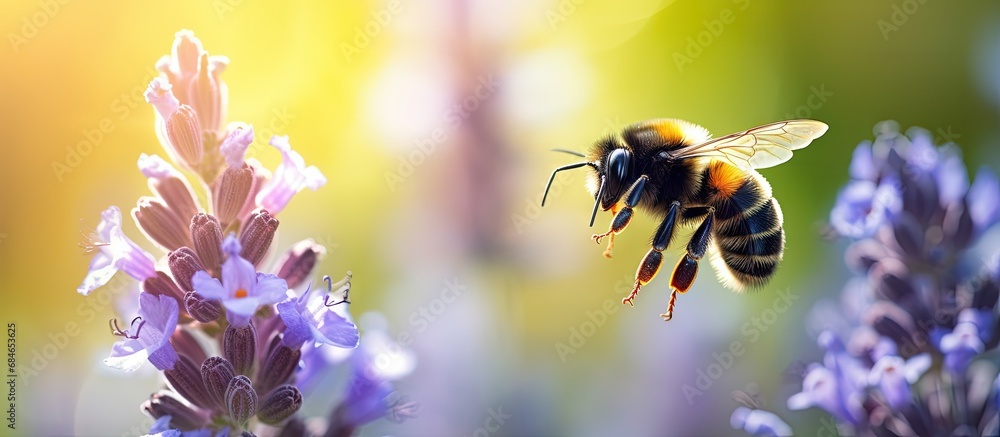 Bumblebee gathering nectar from violet flowers in a UK meadow Vibrant nature scene with room for text Insect flying with blurred wings copy space image Bumblebee gathering nectar from violet flowers in a UK meadow Vibrant nature scene with room for text Insect flying with blurred wings copy space image