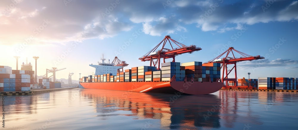Cargo being loaded on a ship in sunny weather copy space image Cargo being loaded on a ship in sunny weather copy space image