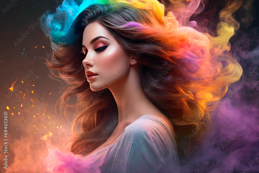 Colorful image of charming woman among colored smoke, magical and otherworldly ambiance.