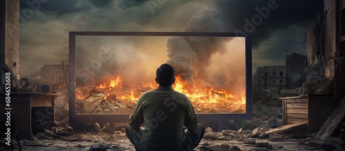 A man on the sofa in his living room is stunned by breaking news showing war or protest copy space image photo