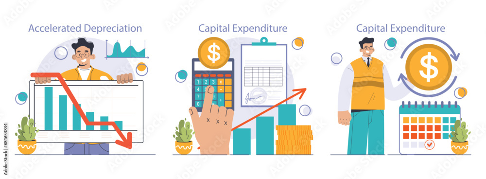 Amortization and depreciation set. Calculating the value for business assets over time. Company asset lifespan , capital valuation. Financial report. Flat vector illustration