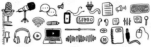 Podcast Essentials: Hand-Drawn Vector Set for Recording, Broadcasting, and Audio Streaming.Headphones, microphone, laptop, equalizer, speech bubbles. Podcast recording and listening doodles.