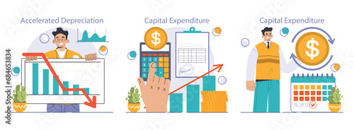 Amortization and depreciation set. Calculating the value for business assets over time. Company asset lifespan , capital valuation. Financial report. Flat vector illustration