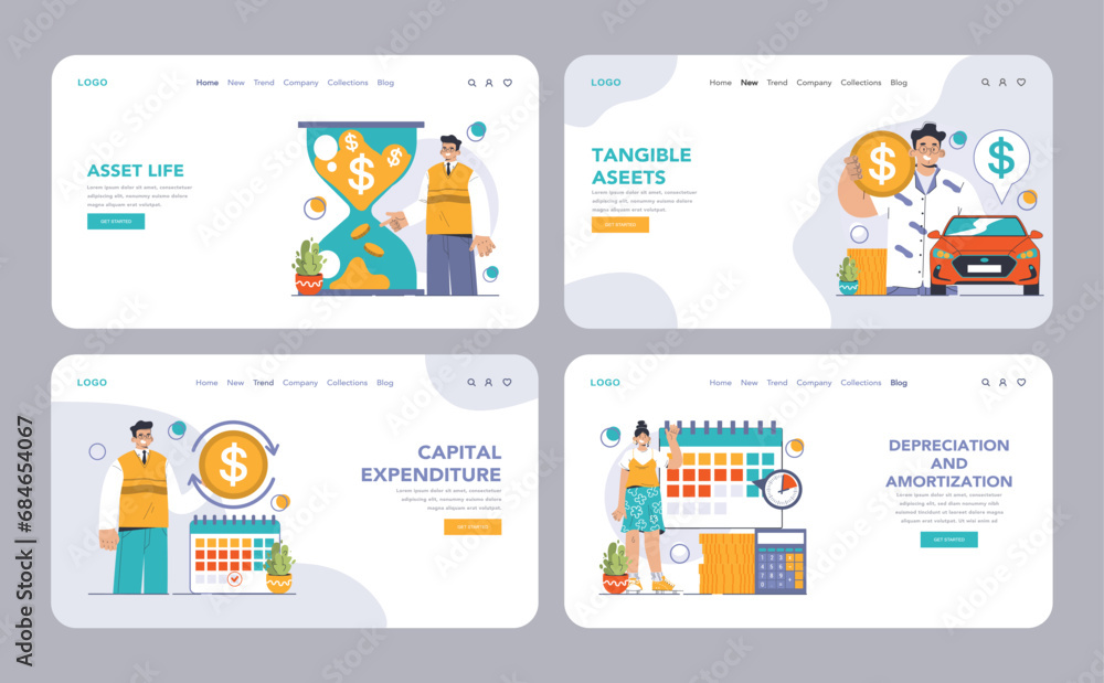 Amortization and depreciation web or landing set. Calculating the value for business assets over time. Company asset lifespan , capital valuation. Financial report. Flat vector illustration - obrazy, fototapety, plakaty 