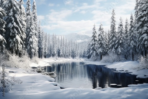A serene lake surrounded by snow-covered pine trees, creating a peaceful winter wonderland. © Usama
