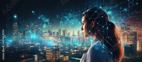 AI controls smart city via internet and HUD interface with urban infrastructure icons IoT tech in ICT Robot or cyborg woman with AI copy space image