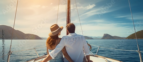 Boomers enjoy wealthy retirement on a luxurious yacht traveling and relaxing in tropical paradise copy space image