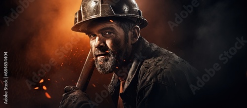 Angry coal miner with pick ax full body view copy space image photo