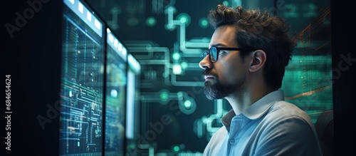 Contemplative engineer pondering data operation failure and security breach Reflective developer considering encryption program upgrade copy space image
