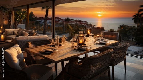 A dining room table with a view of the ocean