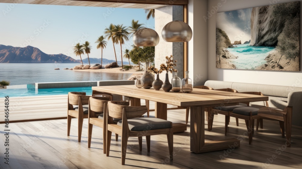 A dining room with a wooden table and chairs