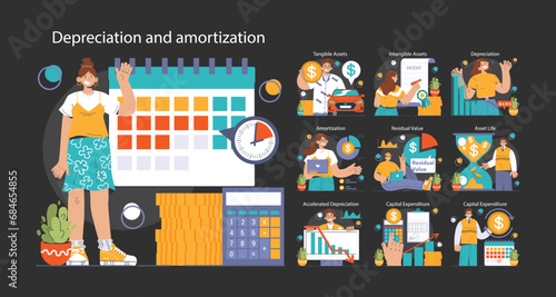 Amortization and depreciation dark or night mode set. Calculating the value for business assets over time. Company asset lifespan , capital valuation. Financial report. Flat vector illustration