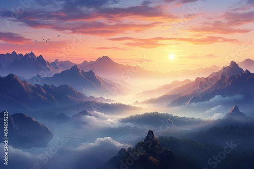 Fototapete A serene sunrise over a misty mountain range, casting a warm glow on the tranquil landscape
