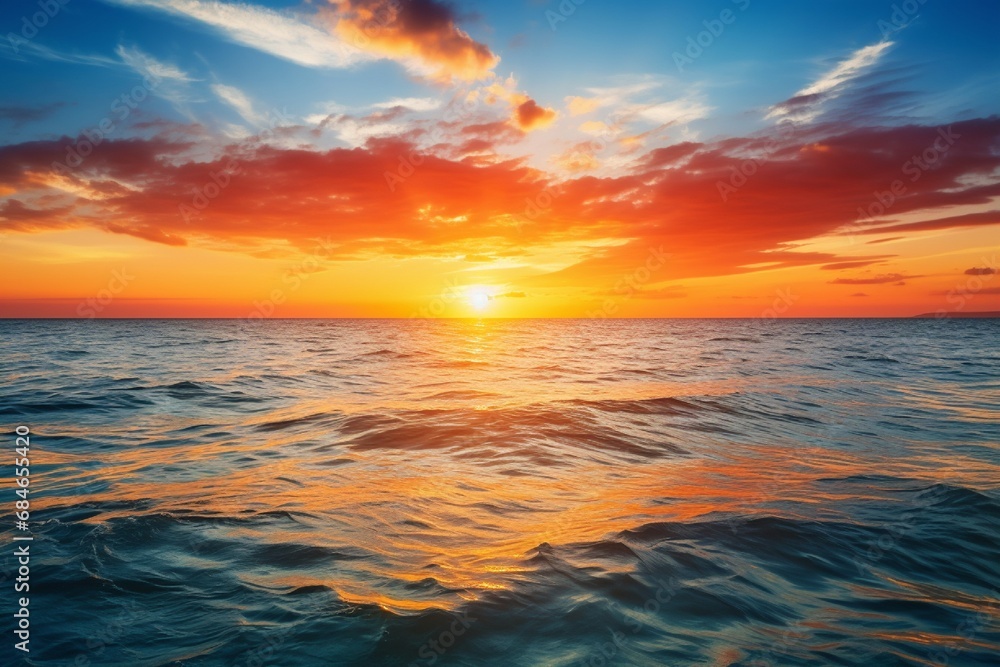 A serene sunset over a calm ocean, with the last rays of sunlight casting a warm glow on the water's surface. A serene sunset over a calm ocean, with the last rays of sunlight casting a warm glow on the water's surface.