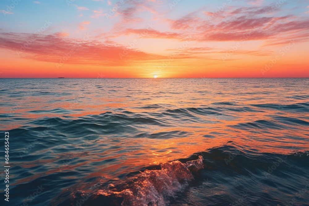 A serene sunset over a calm ocean, with the last rays of sunlight casting a warm glow on the water's surface.
