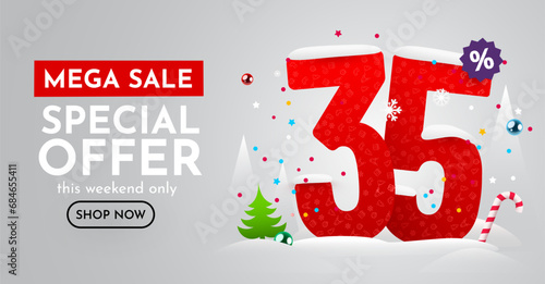 35 percent Off. Discount creative composition. Merry Christmas and Happy New Year. Sale banner and poster.