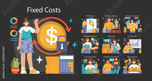 Economies of scale dark or night mode set. Company scale of operation, amount of output produced per unit of time. Mass production efficiency. Flat vector illustration