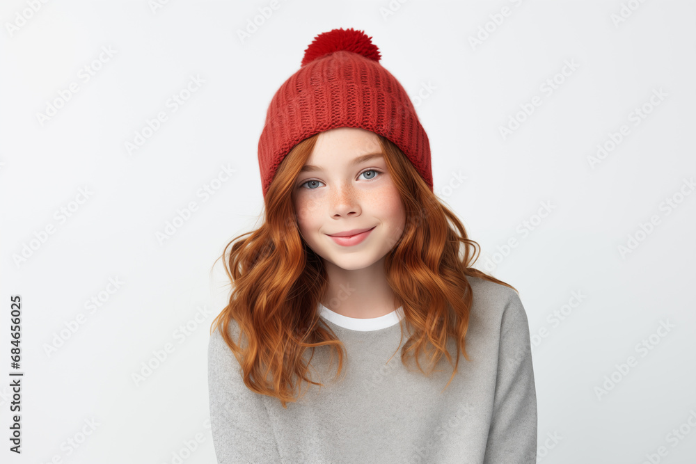Young redhead woman with Christmas hat over isolated white background