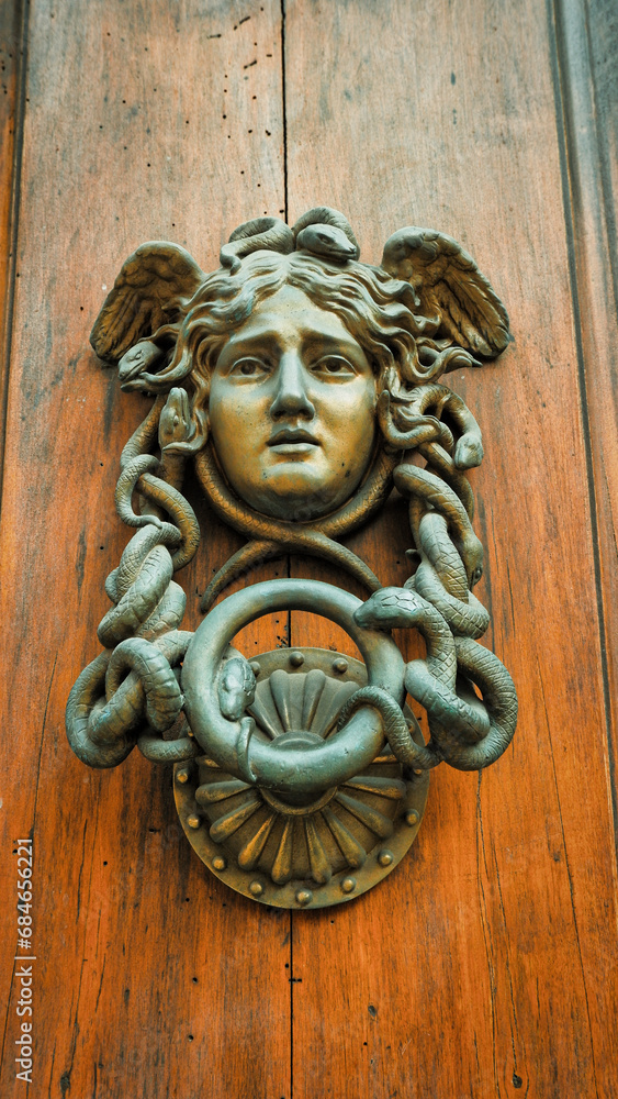 Fragment of a metal fence with face of the Gorgon Medusa Fragment of a metal fence with face of the Gorgon Medusa