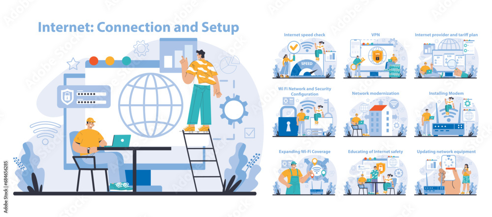 Wi-Fi network set. Specialist setting up, developing and maintaining wireless fidelity equipment. Secure connection configuration. Flat vector illustration Wi-Fi network set. Specialist setting up, developing and maintaining wireless fidelity equipment. Secure connection configuration. Flat vector illustration