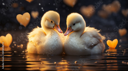 Two ducklings on a night lake with orange bokeh in the shape of a heart. Valentine's Day card