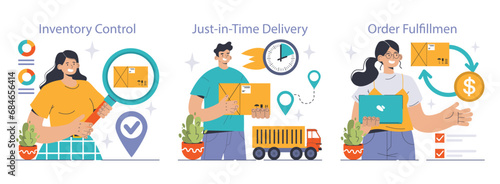 Logistics management set. Streamlined inventory control, timely just-in-time delivery, and efficient order fulfillment. Seamless supply chain operations depicted. Flat vector illustration