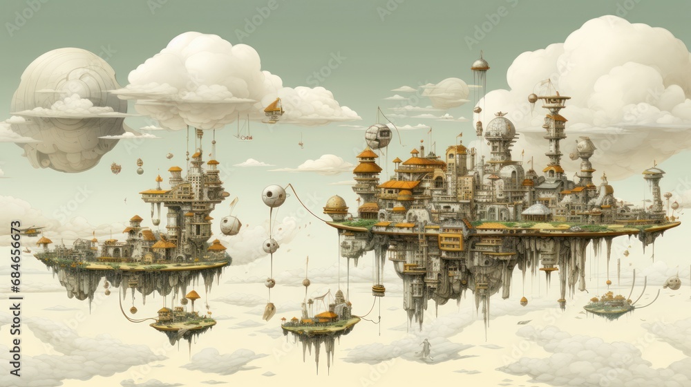 a floating city in the clouds surrounded by strange