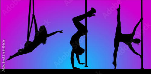 ilustración, silueta, vector, mujer, baile, telas, aros