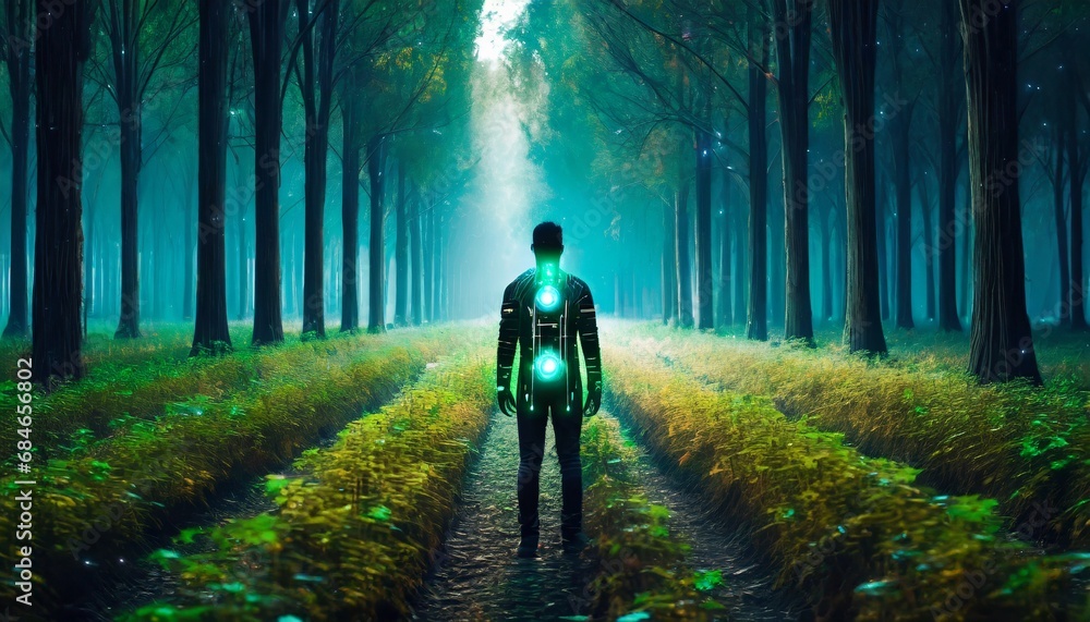 Cyborg standing front of the nature.