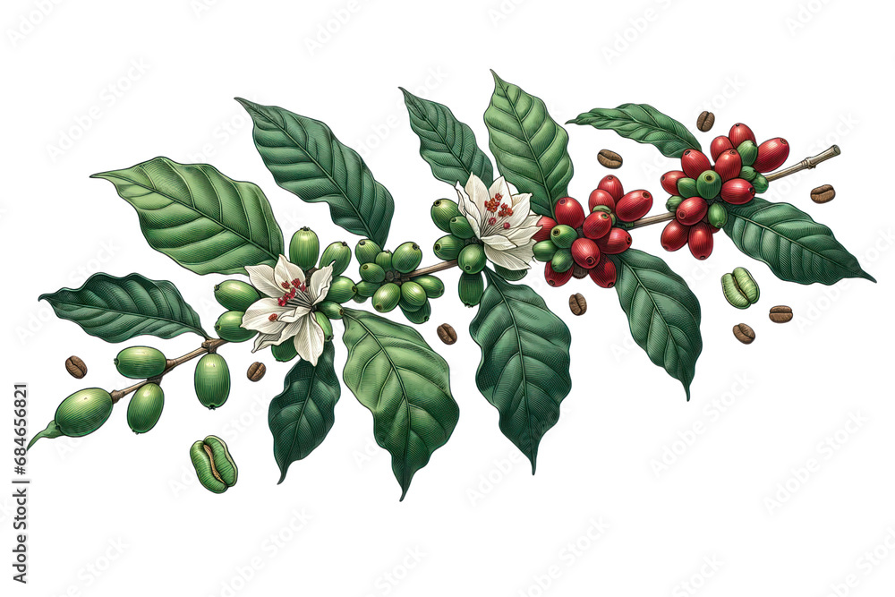 coffee branch with leaves, flowers, and red coffee beans in a hand-drawn style illustration cut out transparent isolated on white background ,PNG file - obrazy, fototapety, plakaty 