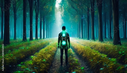 Cyborg standing front of the nature.