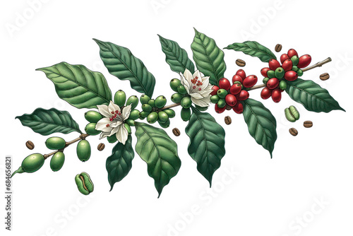 coffee branch with leaves, flowers, and red coffee beans in a hand-drawn style illustration cut out transparent isolated on white background ,PNG file photo
