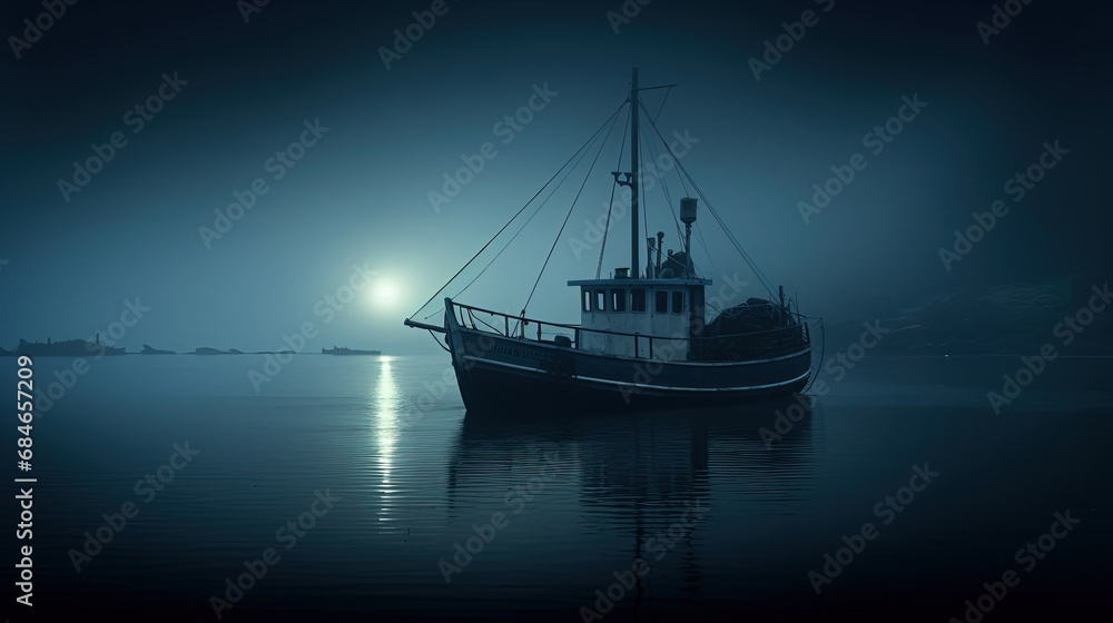 A Fishing Boat on The Calm Ocean Water Through Foggy Night Background A Fishing Boat on The Calm Ocean Water Through Foggy Night Background