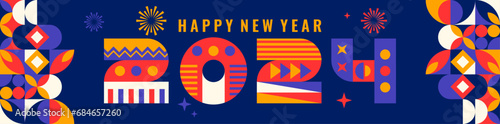 2024 Happy New Year logo trend design. 2024 colored number design template. 2024 typography symbol Happy New Year. Vector illustration with labels trendy and fashionable colors.

