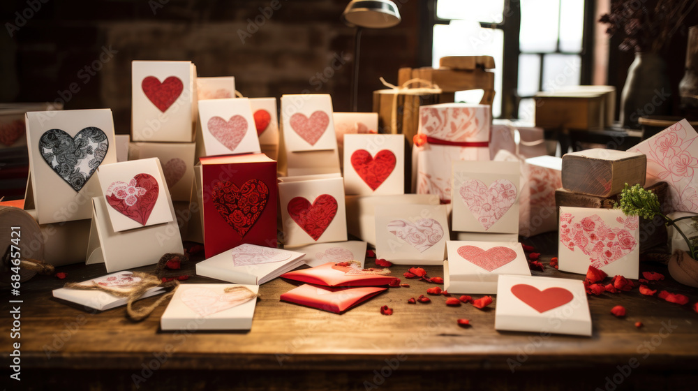 Obraz premium Handmade valentine's cards with heart designs on wooden surface