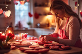 Woman baker decorating heart-shaped cookies for Valentine's Day