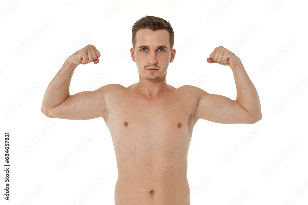 young man showing his bicep over white background young man showing his bicep over white background