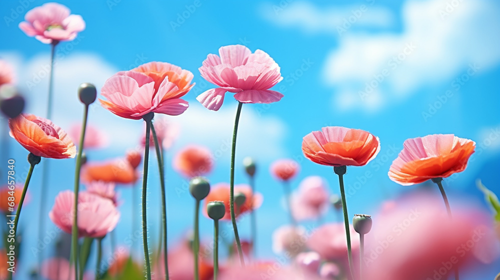 Fototapeta premium poppies on blue background HD 8K wallpaper Stock Photographic Image 