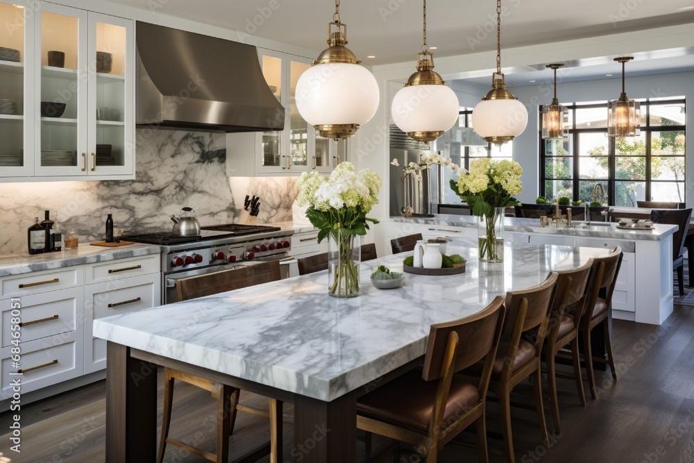 A sophisticated kitchen with marble countertops, stainless steel appliances, and pendant lights hanging over a central island.