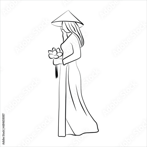Vector illustration modern Vietnamese women wearing traditional costumes Ao Dai. Hand drawn style Fashion Luxury Glamor Elegant Woman sketch. Fashion girl in sketch-style. Vector illustrations.