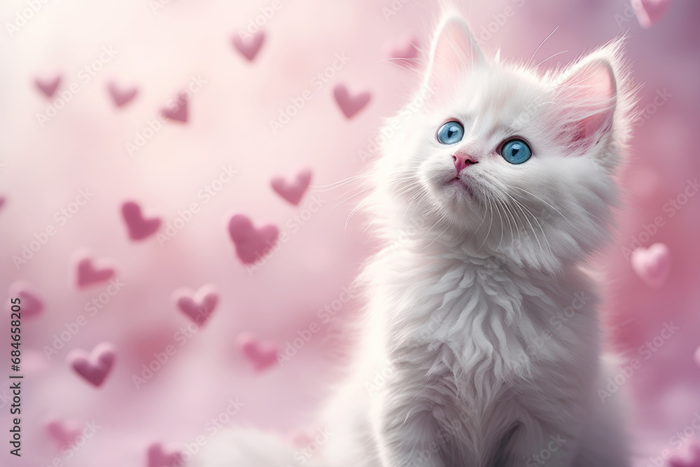 White fluffy kitten with blue eyes on a pink blurred background with hearts. Valentine's Day card with copy space. White fluffy kitten with blue eyes on a pink blurred background with hearts. Valentine's Day card with copy space.
