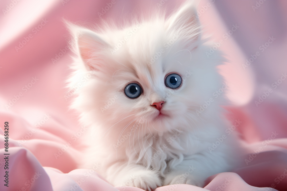 A white fluffy kitten with blue eyes on a pink blurred background looks at the camera.
