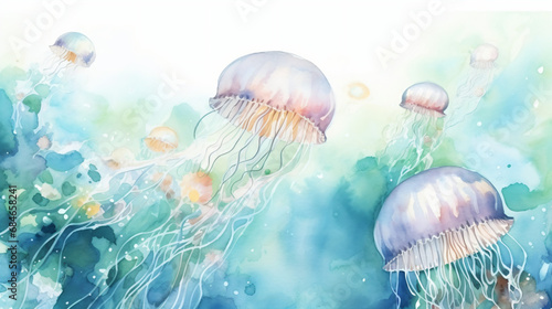 海中にふわふわ浮かぶカラフルなクラゲの水彩イラスト © dont