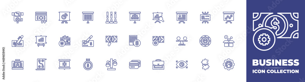 Business line icon collection. Editable stroke. Vector illustration. Containing cheque, wallet, search, settings, coin, identification, presentation, balance, briefcase, puzzle, money, commitment.