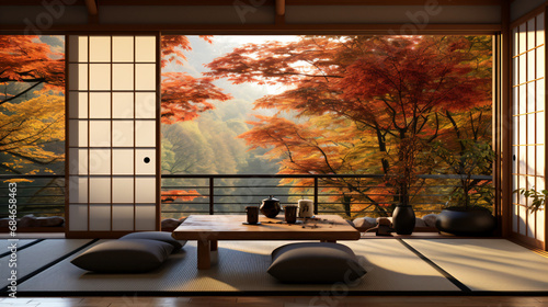 日本の畳がある和室の大きな窓から見る庭の紅葉の景色、光が差し込む明るい部屋、日本庭園