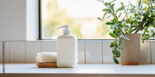 eco-friendly bottle Soap dispenser in bathroom interior. AI Generated © dark_blade