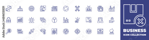Business line icon collection. Editable stroke. Vector illustration. Containing taxes, briefcase, strategy, gift card, network, money, padlock, notes, pie chart, contract, add file, exchange, coin.