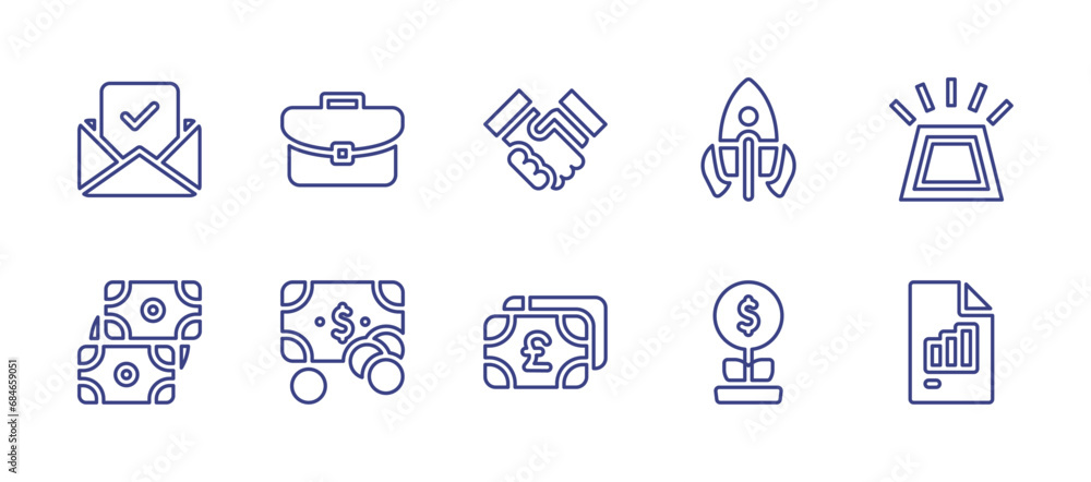 Business line icon set. Editable stroke. Vector illustration. Containing approve, suitcase, deal, rocket, gold ingots, exchange, money, investment, graph.