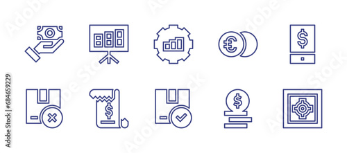 Business line icon set. Editable stroke. Vector illustration. Containing payment method, bar chart, gear, euro, smartphone, package, invoice, stack, strongbox.