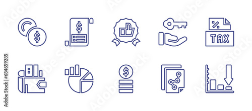 Business line icon set. Editable stroke. Vector illustration. Containing currency, invoice, staff picks, key, taxes, wallet, pie chart, salary, statistics.